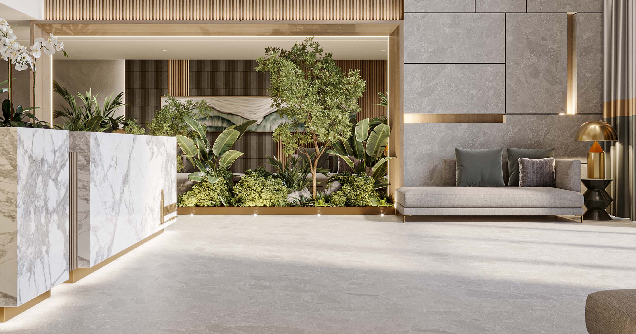 Westwood By Imtiaz A stylish interior space featuring a marble counter, plants, a sofa, and modern decor elements with warm lighting.
